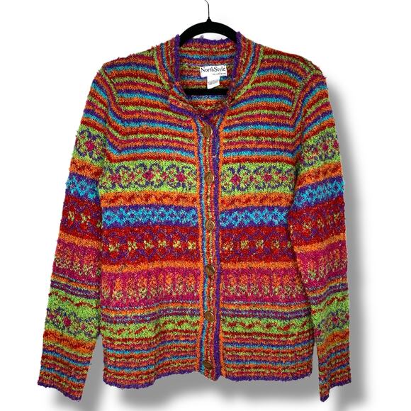 North Style Sweater Multicolor Striped Cardigan Rainbow Colorful Striped Medium - Picture 7 of 9